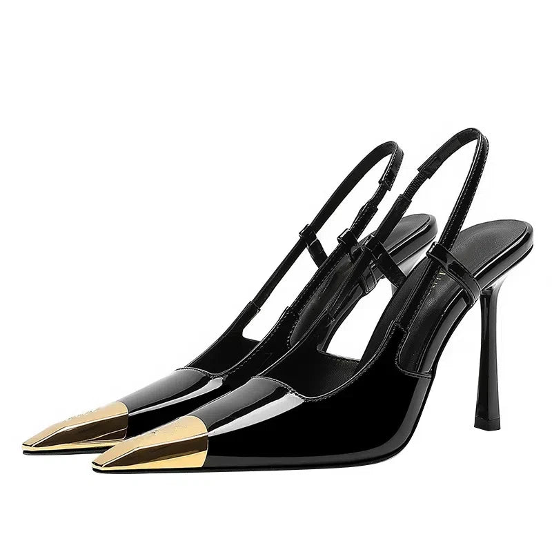 Novo verão sandálias femininas de salto alto ouro cabeça de ferro couro patente preto stiletto cabeça quadrada dedo do pé fechado estilingue volta sapatos