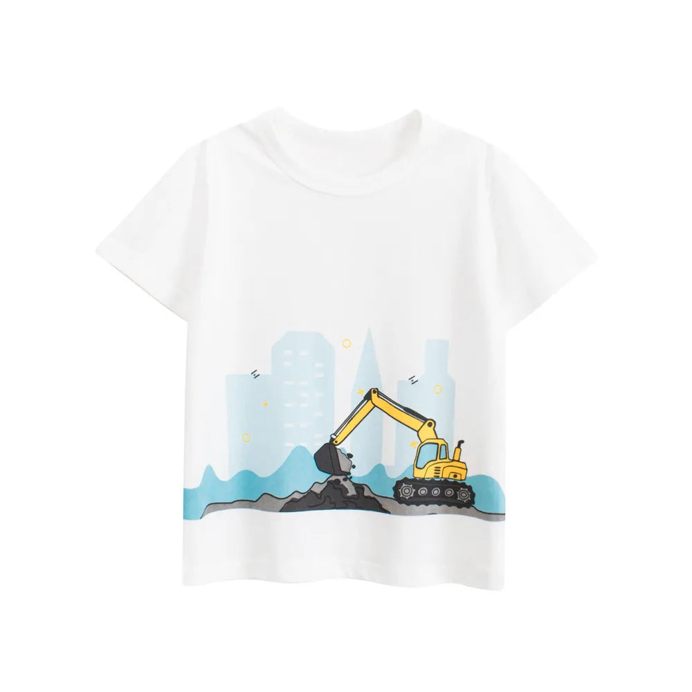 2025 crianças dos desenhos animados camisetas roupas bonitos para menino 100% algodão carro tubarão dinossauro crianças meninas manga curta casual esporte topo t