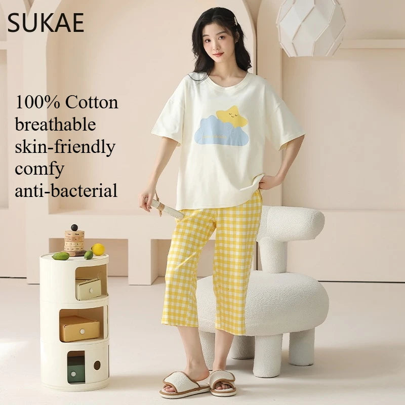 SUKAE-Conjunto de Pijamas dos desenhos animados das mulheres, 100% algodão, calça curta na altura do joelho, pijamas, capris loungewear, pijamas de verão, M-4XL