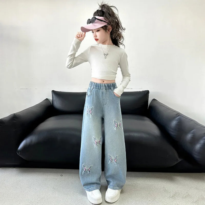 Coreano menina perna larga jeans com lindas borboletas crianças cintura alta solta calças jeans adolescente casual jeans crianças