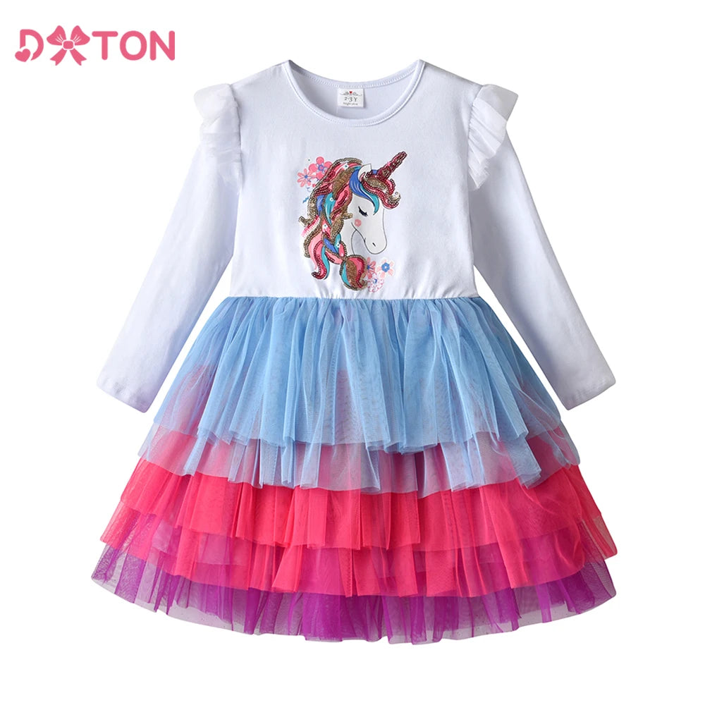 Dxton princesa bolo malha vestido meninas vestido de festa de aniversário branco crianças roupas de algodão outono crianças dos desenhos animados lantejoulas outfits