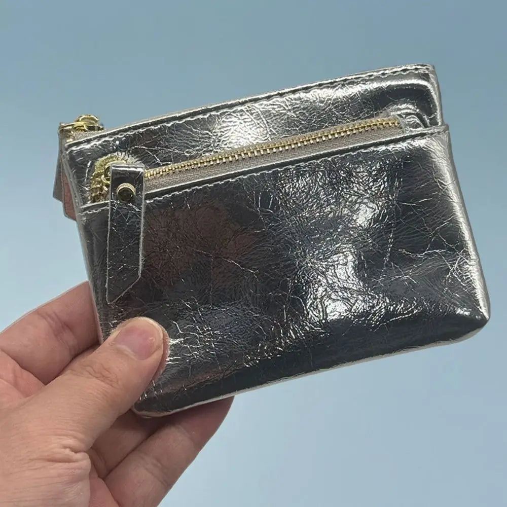Porta-moedas de Couro Portátil com Zíper Duplo, Bolsa de Armazenamento Fofa, Suporte Multifuncional para Cartões de Crédito e Dinheiro