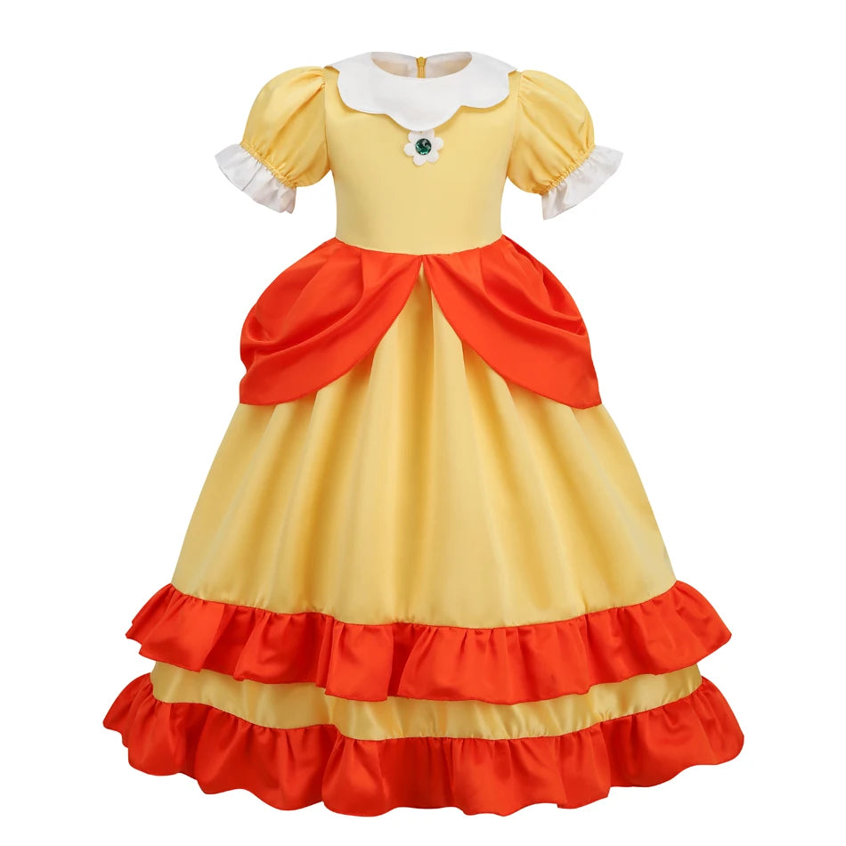 Pêssego rosalina vestido meninas margarida cosplay roupas crianças halloween vestir-se roupas de verão rendas applique princesa traje