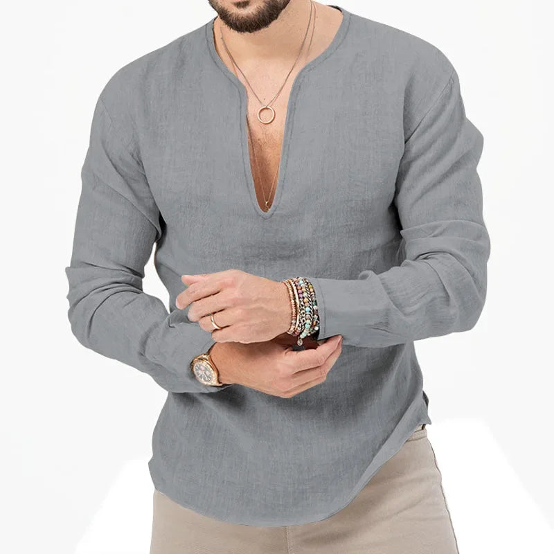 Camiseta Masculina de Linho de Manga Longa 2026 Henry, Slim Fit, Cor Sólida, Tamanho Grande Europeu e Americano, Gola V Profunda