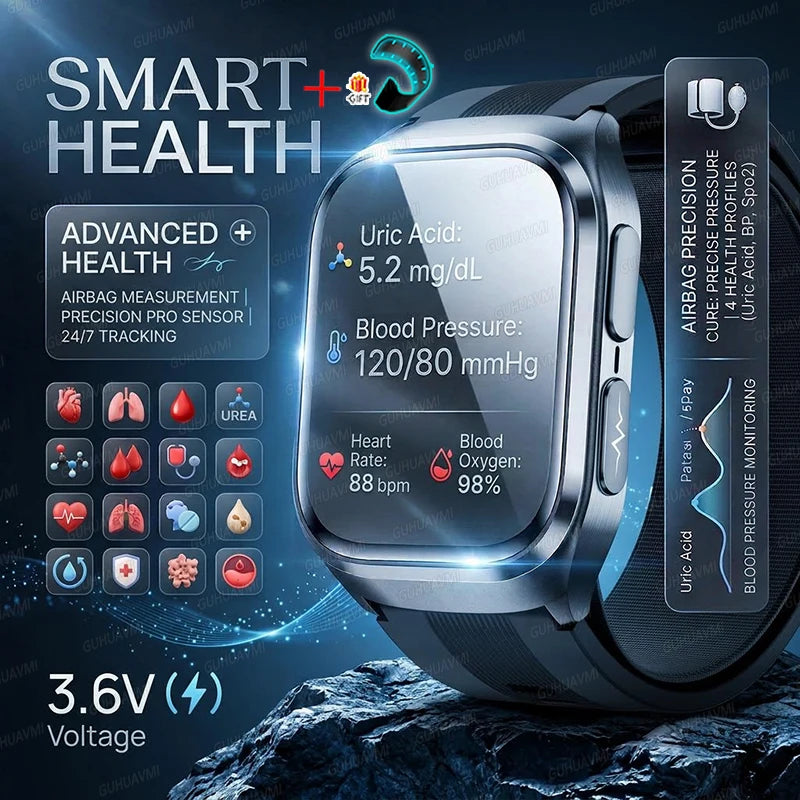 Novo Relógio de Saúde 2026: Medição Precisa de Pressão Arterial, Ácido Úrico e Lipídios no Sangue – Smartwatch Masculino e Feminino à Prova d'Água com Airbag