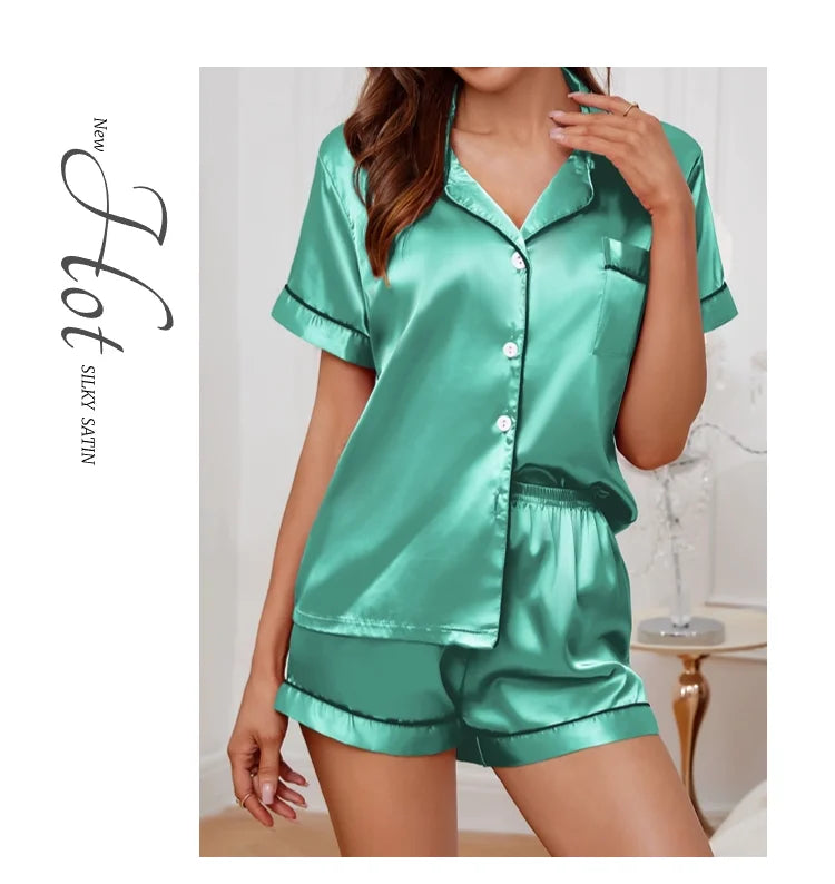 Conjunto pijama cetim feminino, pijama de manga curta, blusa e shorts de lapela, pijama de botão, roupas domésticas