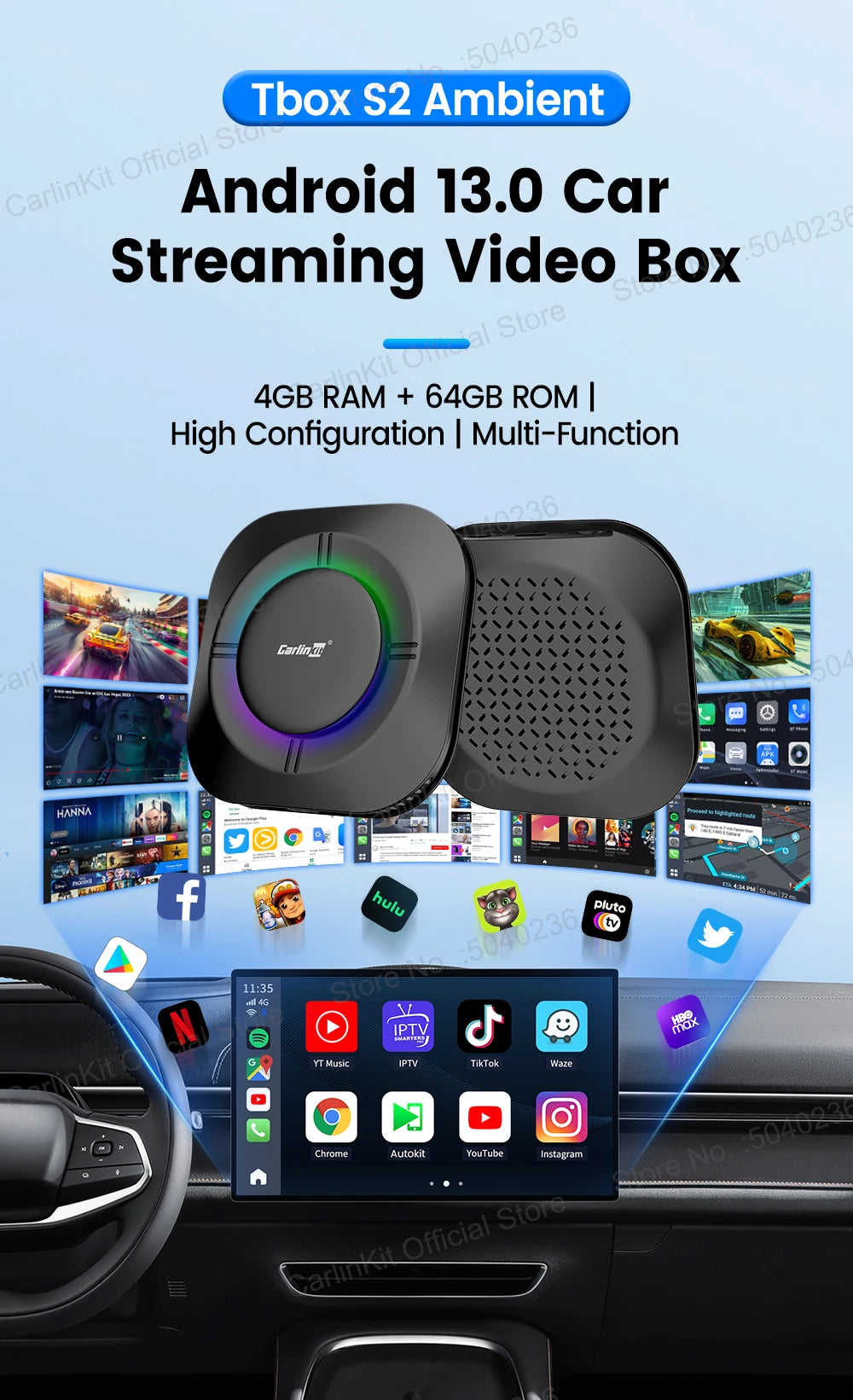 CarlinKit Android 13 LED AI Box Wireless CarPlay Wireless Android Auto Smart Car Multimedia Box Qualcomm 8-Core Chip Cartão SD Expandir para 512 GB Suporte Vídeo Online