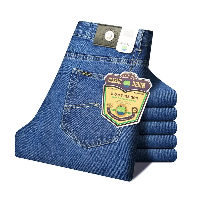 Homens de negócios jeans clássico primavera outono masculino algodão em linha reta estiramento marca denim calças verão macacão fino ajuste 2021