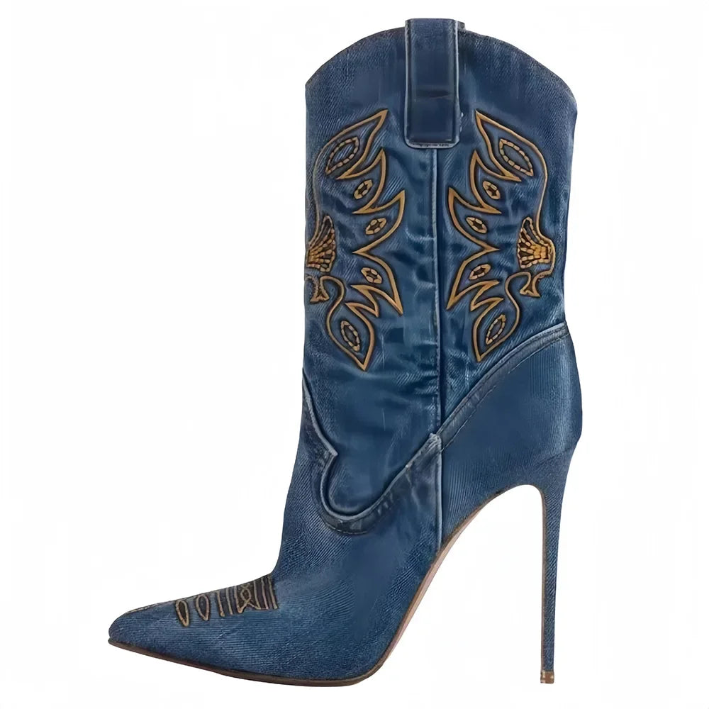 Moda feminina europeia e americana salto alto apontado ocidental denim bordado linha joelho manga alta botas de strass