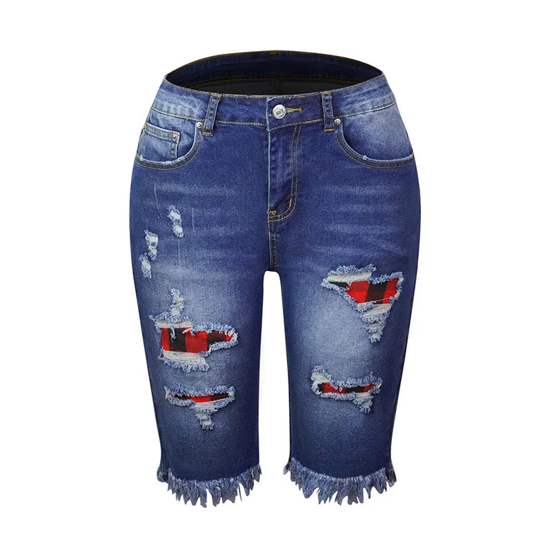 Calça jeans rasgada feminina com borla, calça elástica alta, cintura média, cinco pontos, buraco fino, shorts casuais femininos, verão, rua