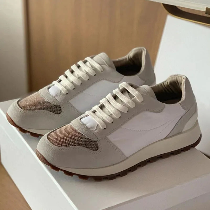 Sapatos casuais mulher dedo do pé redondo corrente corda grânulo conforto tênis de corrida senhoras camurça vaca retalhos rendas até tênis planos