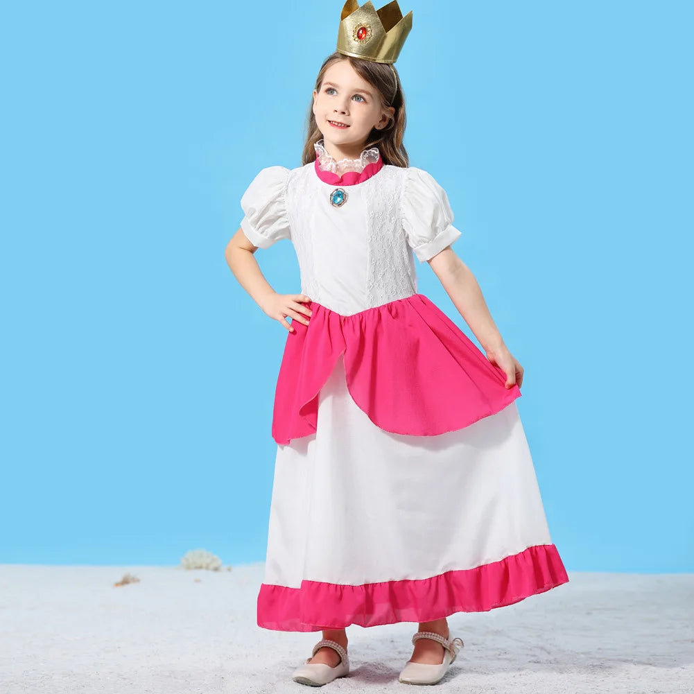 Pêssego rosalina vestido meninas margarida cosplay roupas crianças halloween vestir-se roupas de verão rendas applique princesa traje