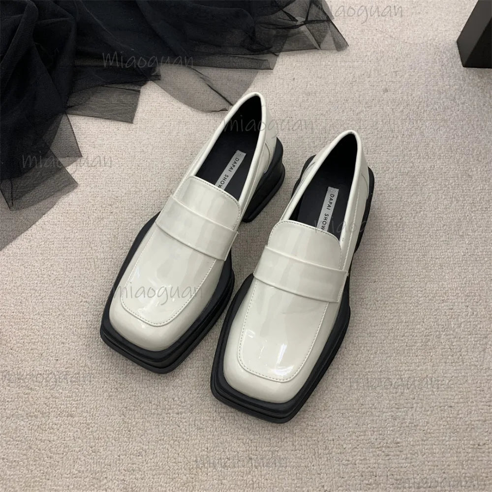 Estilo britânico fundo grosso primavera outono cabeça quadrada retro mocassins sapatos femininos casuais deslizamento na plataforma mocassins senhoras bombas
