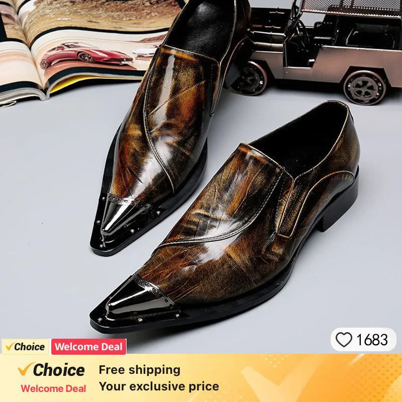 Mocassins britânicos de couro envernizado para homens, sapatos italianos deslizantes, sapatos de vestido marrom, novos, 2024