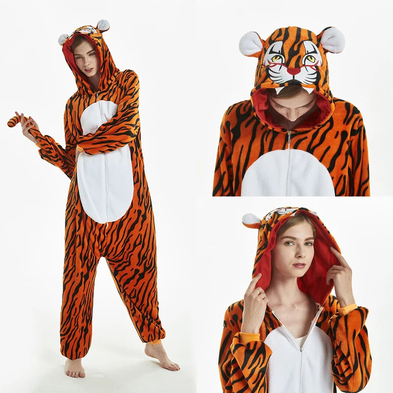 Mulheres animal kigurumi pijamas inverno grosso flanela pijamas adulto com capuz pijama homewear halloween cosplay trajes de festa