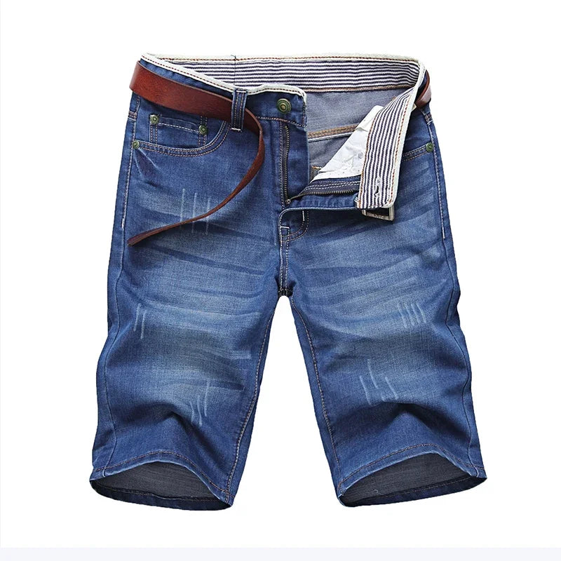 Verão shorts de brim fino para homens de boa qualidade shorts de brim homens de algodão sólido em linha reta jeans shorts masculinos azul casual jeans tamanho 40