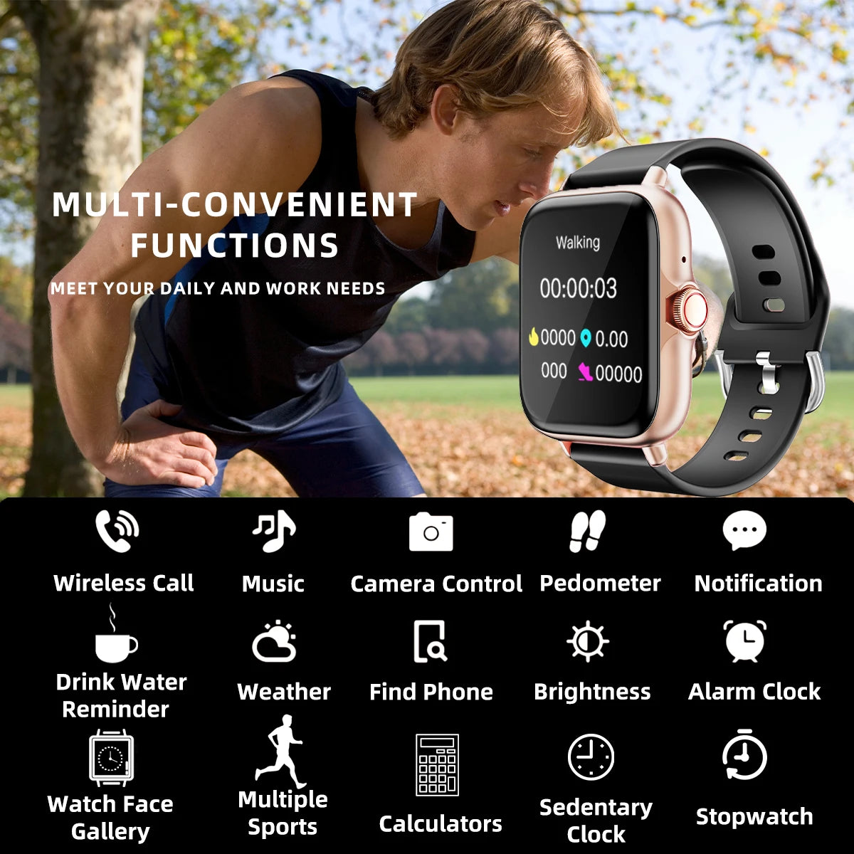 Relógio inteligente de 1,83 '' com mensagem, resposta, chamada, monitoramento do sono, pedômetro esportivo, alertas de informações para iPhone Android