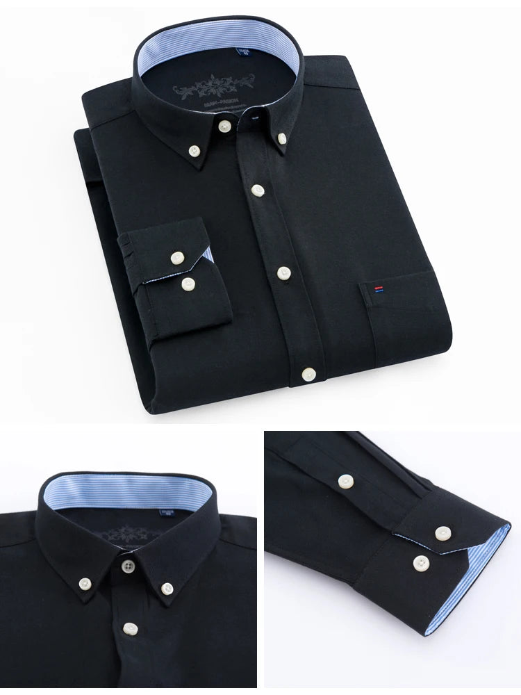 Camisa casual de trabalho listrada xadrez oxford de manga comprida masculina com bolso, camisas de botão de ajuste regular de mistura de algodão primavera outono
