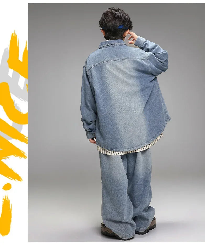 Crianças menino menina solta casual streetwear moda hip hop crianças denim camisa calça jeans define ternos agasalho roupas de palco traje