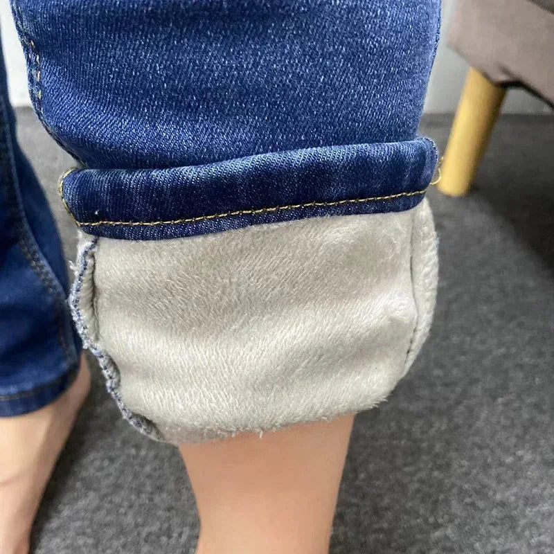 Inverno senhora térmica quente jeans de pelúcia magro estiramento jeans senhora fino ajuste lápis calças meninas perna reta denim