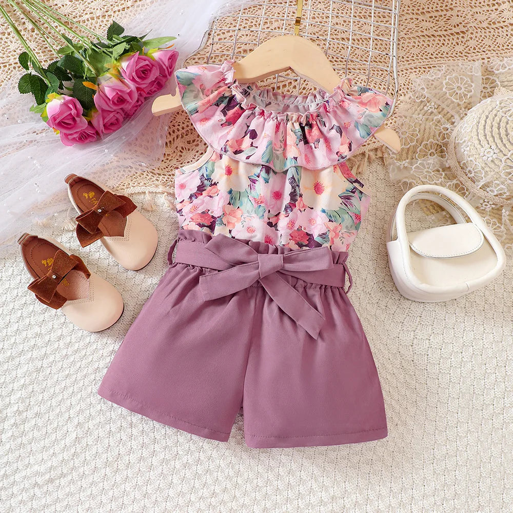 Conjuntos de Roupas Casuais de Verão para Meninas 2026 Novo Conjunto Infantil com Estampa Floral e Babados, Blusas e Calças Curtas, Moda para Crianças de 1 a 8 Anos