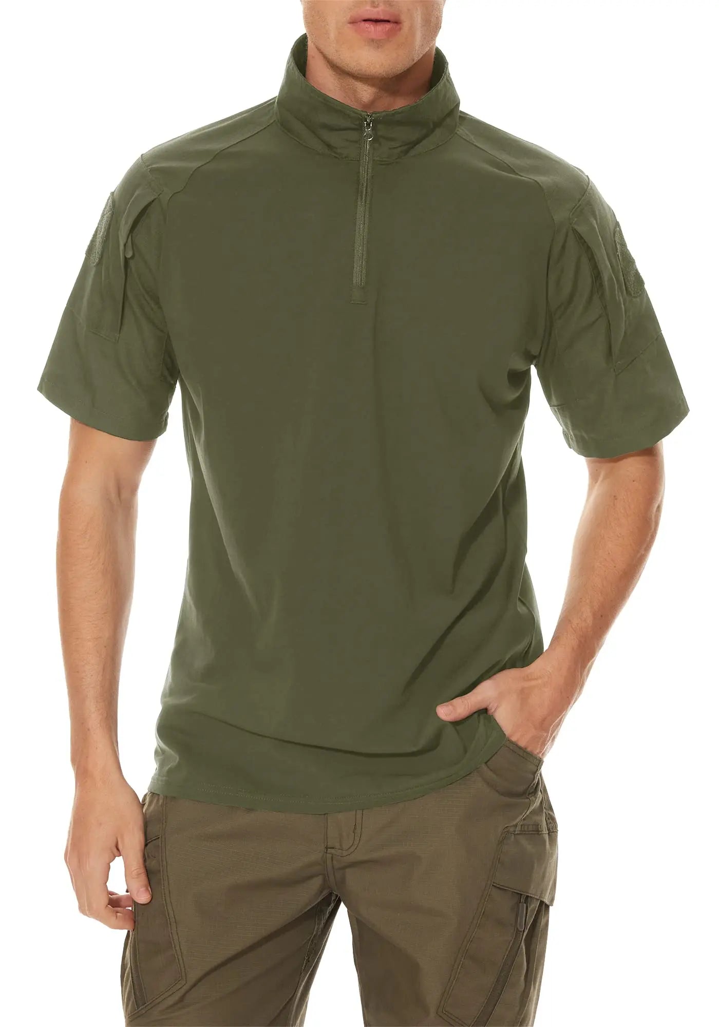Tacvasen-camiseta de manga curta com bolsos com zíper para homens, roupas de estilo safári, cor sólida, para caminhadas e trabalho, para o verão