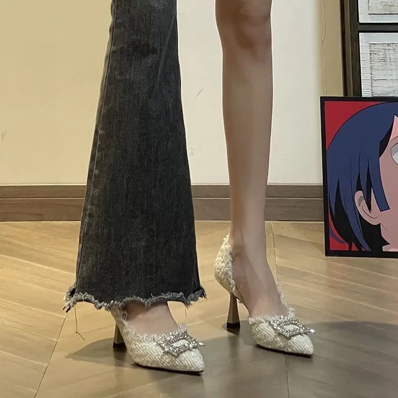 Salto estilete para mulheres, sandálias de strass, botão quadrado, sapatos de casamento, moda feminina, branco, 2024