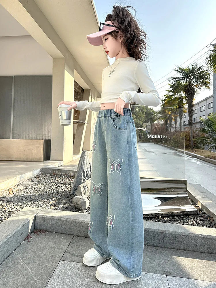 Coreano menina perna larga jeans com lindas borboletas crianças cintura alta solta calças jeans adolescente casual jeans crianças