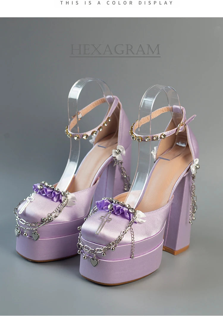 Cruz Japonesa Rhinestone Lolita Salto Alto para Mulheres, Corrente de Metal, Casamento da Noiva Rosa, Doce Sapatos Y2k Mary Jane, Salto Plataforma para Menina