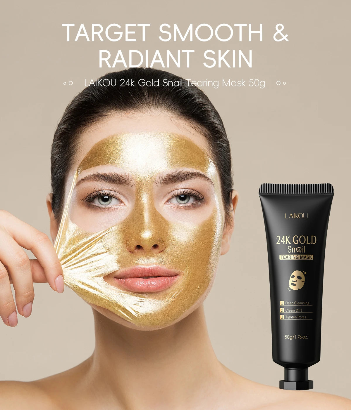 Laikou 24k ouro caracol peel-off máscara 3 pçs limpeza profunda poros aperto remoção de cravo desintoxicante tratamento facial 50g