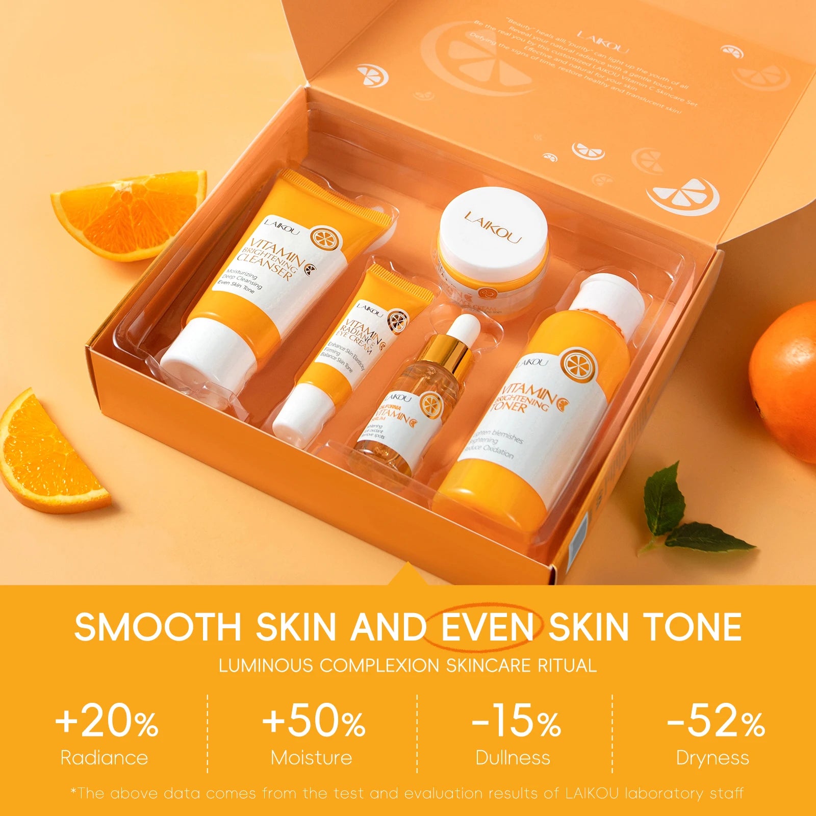 Laikou vitamin c conjunto de cuidados com a pele iluminando 5 pçs kit mesmo tom da pele suave rugas apertar poros limpador toner soro creme para os olhos