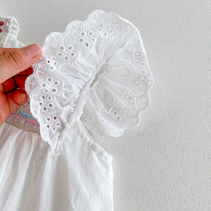 2025 novo verão crianças vestido 2-6 anos crianças vestidos de princesa manga voadora algodão bordado bebê menina vestido de festa irmã roupas