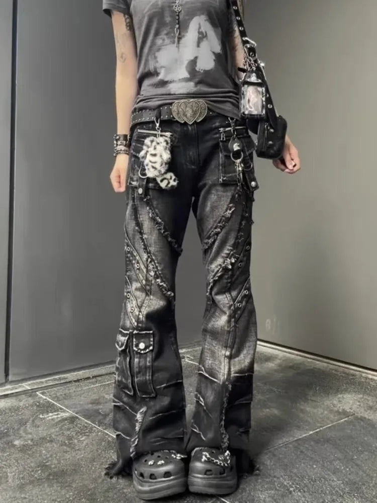 2025 outono inverno calças jeans femininas escuro academia carga jean queimado sino inferior designer kpop japonês y2k 2000s goblin core