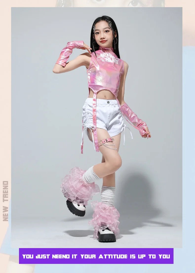 Meninas k-pop brilhante colheita superior calças de carga shorts de dança de rua crianças hip hop jazz conjuntos de roupas crianças streetwear menina grupo traje