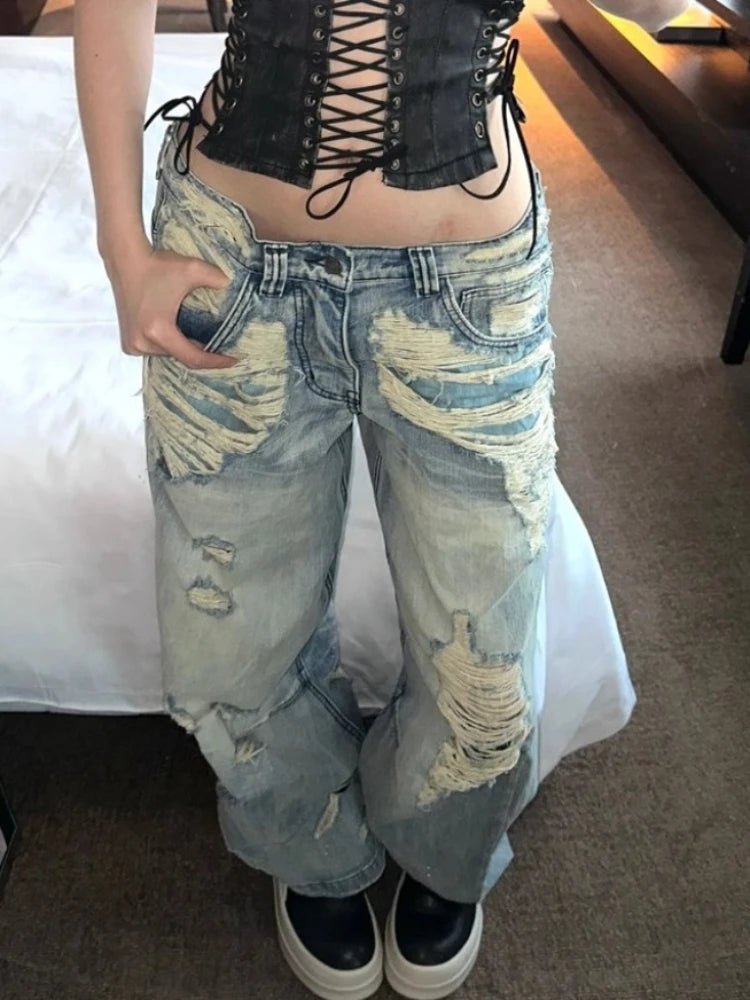 High street hottie vintage buraco jeans feminino y2k moda cintura alta baggy calças de perna larga 2025 casual jeans soltos