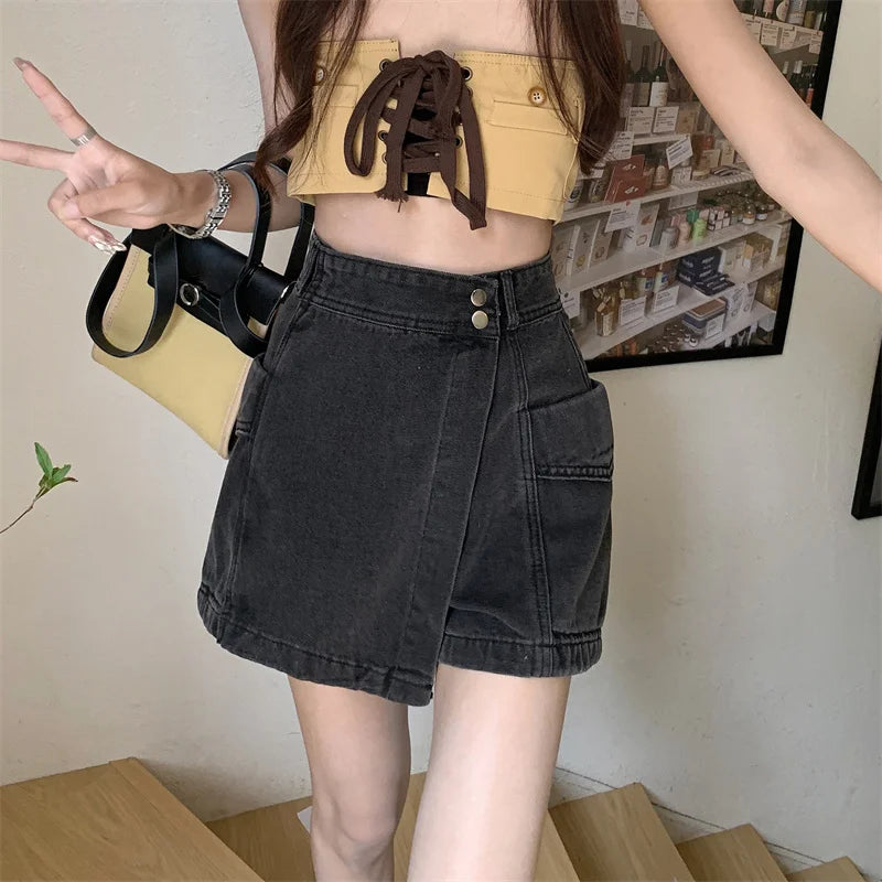 Saia Jeans  Assimétrica de Cintura Alta com Efeito Modelador, Tamanhos andes Fs, Moda Verão 2023