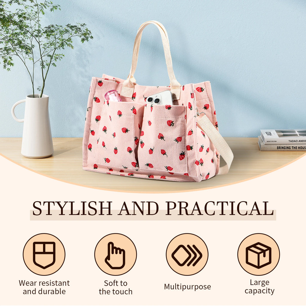 Bolsa tote fofa de morango com remendo para mulheres, bolsa tote de tecido de grande capacidade, sacola duradoura com ombro ajustável