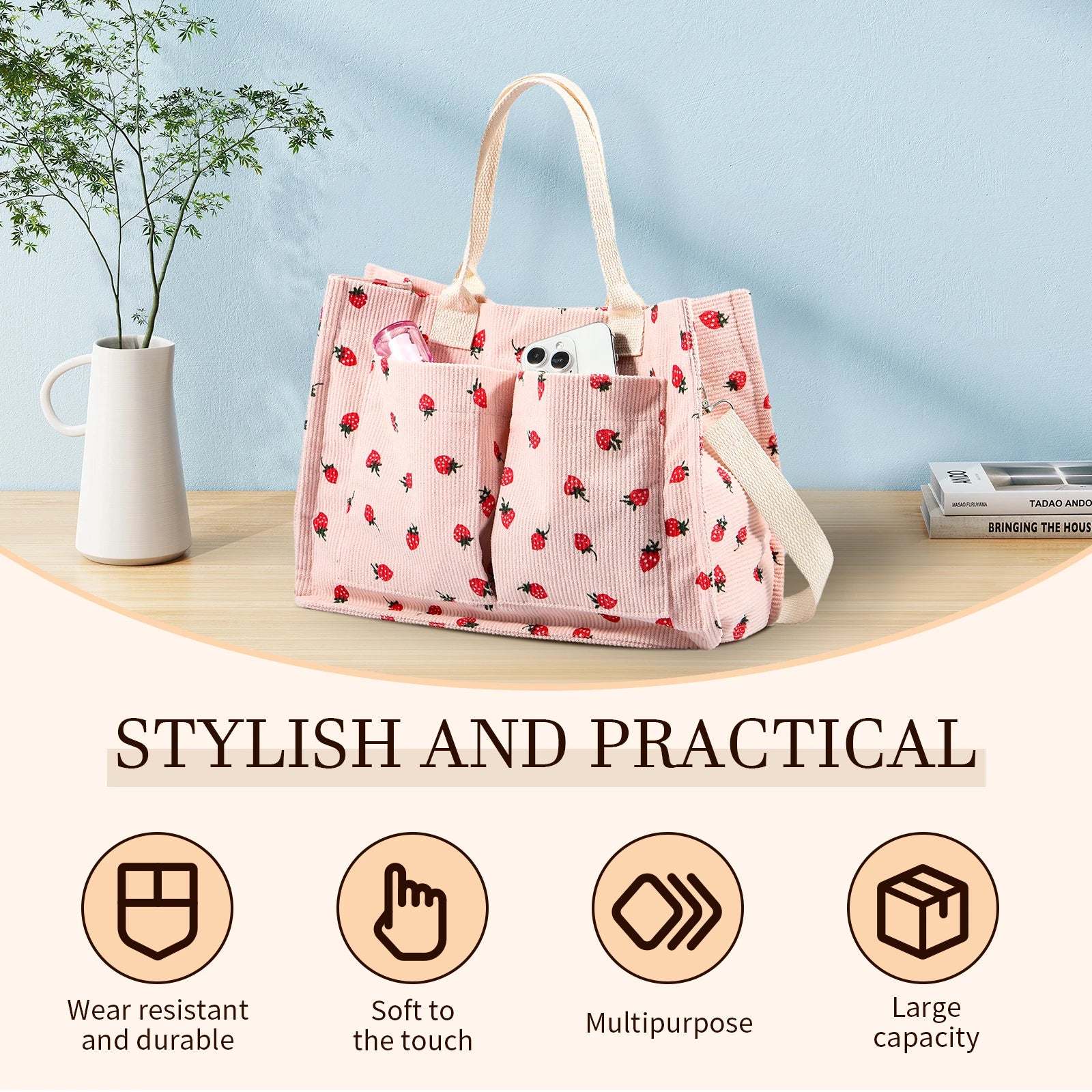 Bolsa tote fofa de morango com remendo para mulheres, bolsa tote de tecido de grande capacidade, sacola duradoura com ombro ajustável