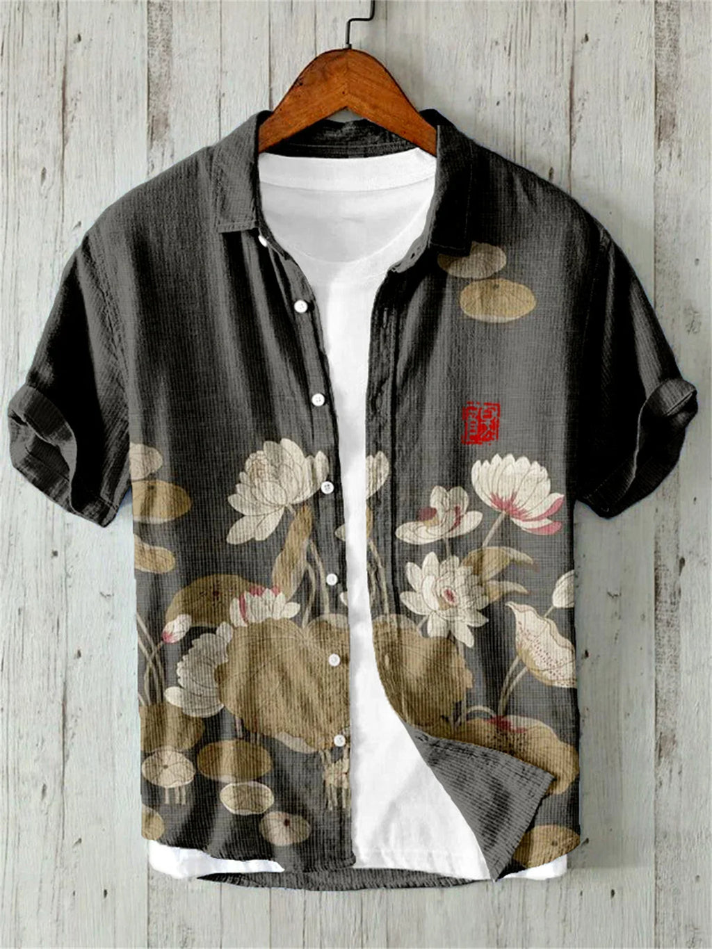 Camisa de linho masculina, texto retrô, arte japonesa, impressão 3D, manga curta, peito único, lazer, férias, top de praia, Havaí