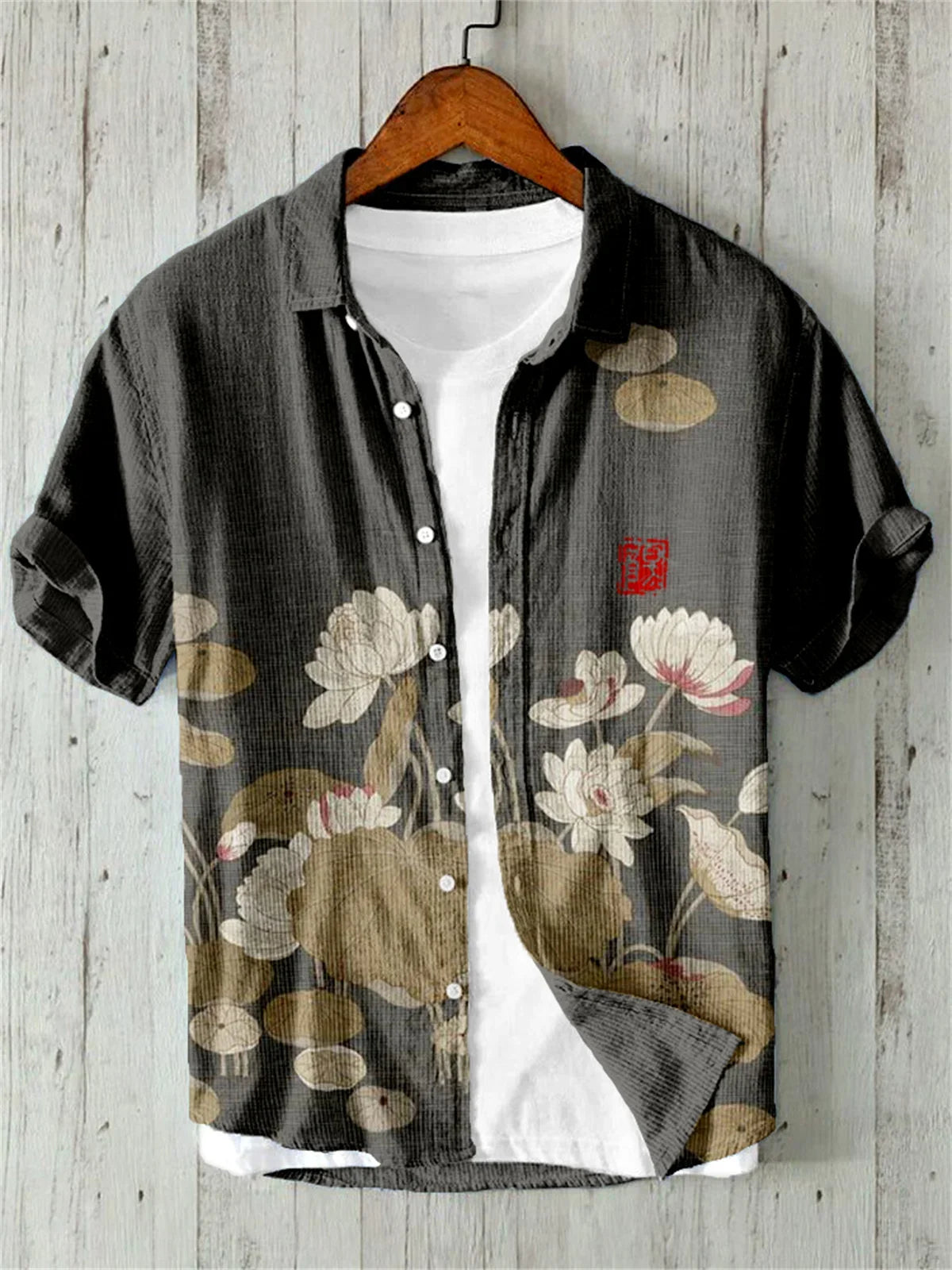 Camisa de linho masculina, texto retrô, arte japonesa, impressão 3D, manga curta, peito único, lazer, férias, top de praia, Havaí