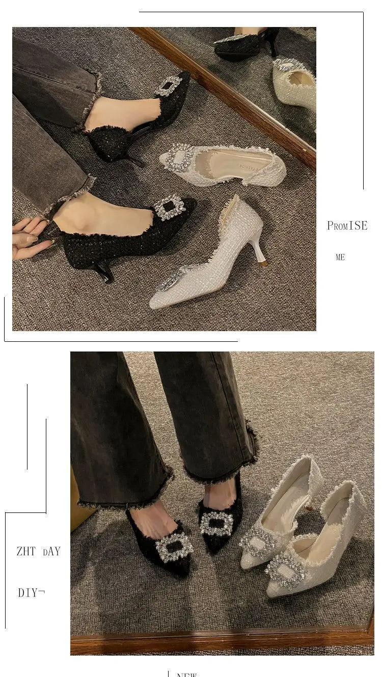 Salto estilete para mulheres, sandálias de strass, botão quadrado, sapatos de casamento, moda feminina, branco, 2024