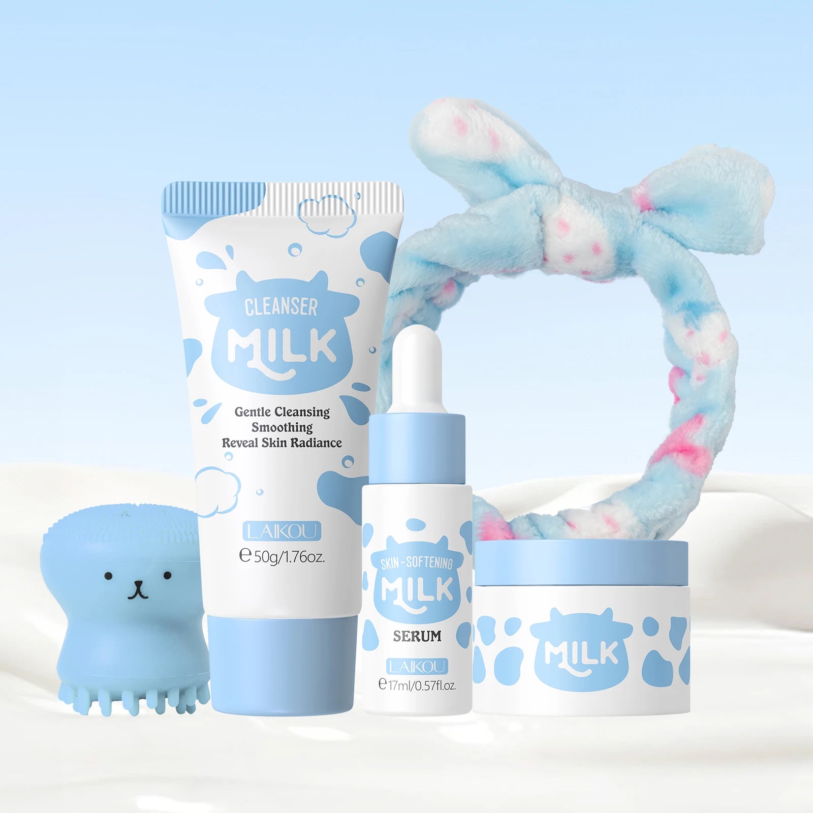 LAIKOU Conjunto de cuidados com a pele com leite Soro suavizante Creme hidratante Limpador suave Kit de viagem de hidratação iluminadora