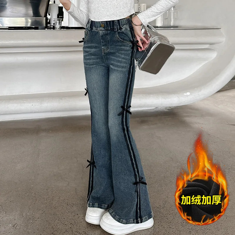 Crianças inverno fino ajuste bootcut flanela forrado jeans para meninas elegante isolado queimado calças jeans crianças calças térmicas quentes