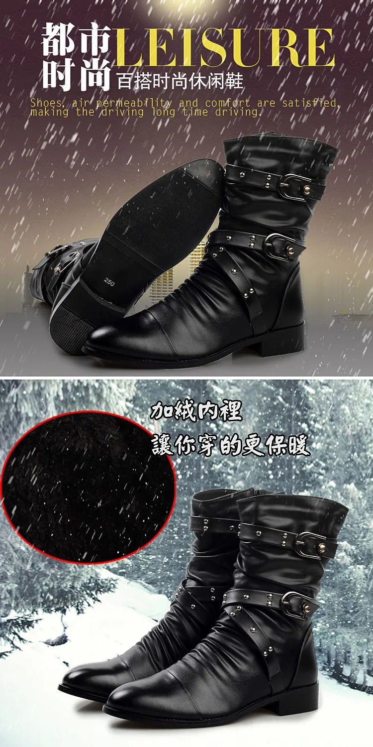 Inverno apontou toe botas de cano médio masculino fivela cinta chelsea bota para homens de couro botas de motocicleta alta superior homem sapato de inverno