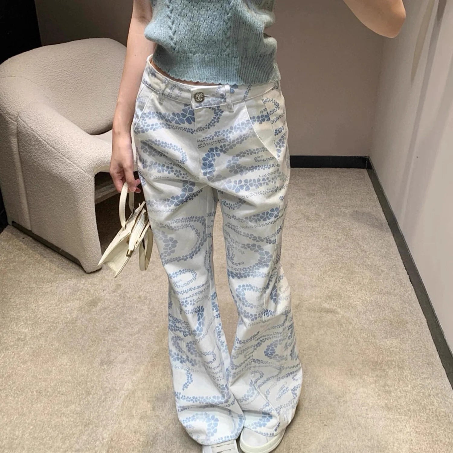 Mulheres branco impresso jeans cintura alta perna larga coreano em linha reta solta casual versátil outono nova moda de rua alta