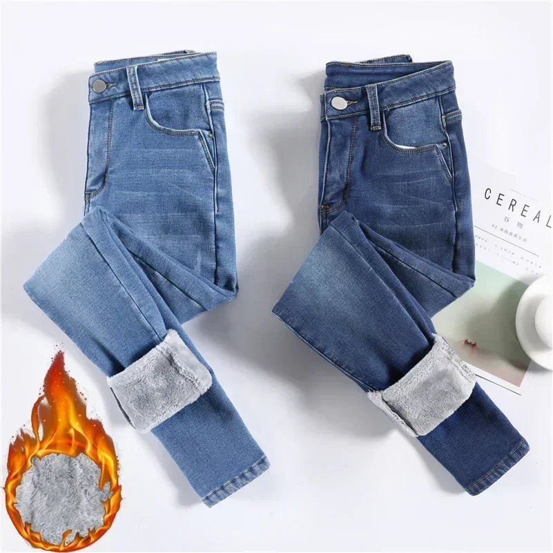 Inverno senhora térmica quente jeans de pelúcia magro estiramento jeans senhora fino ajuste lápis calças meninas perna reta denim