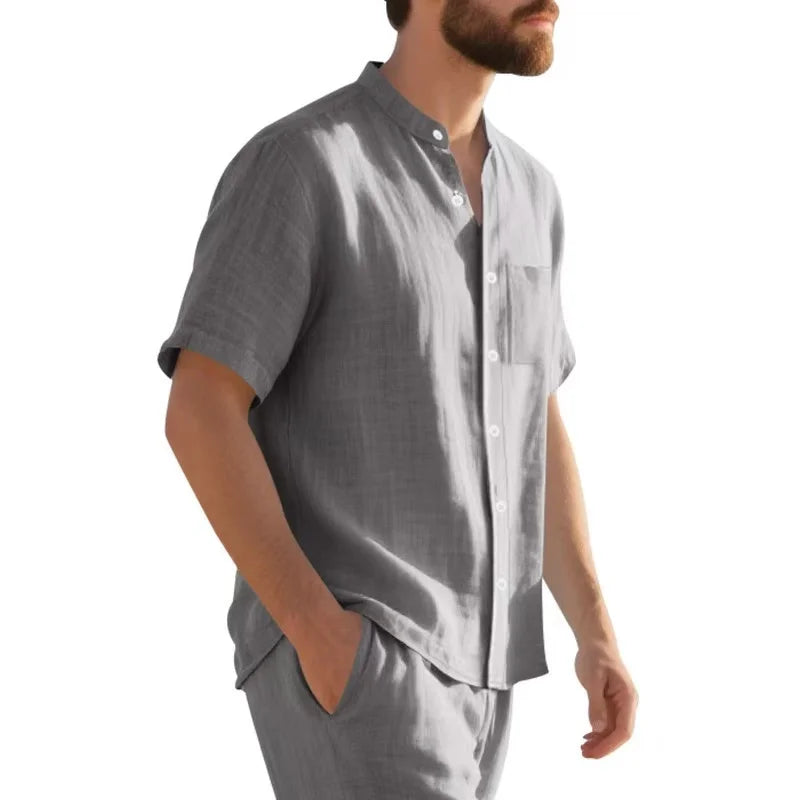 Conjuntos de Praia em Linho para Homens, Camisa de Manga Curta em Cor Sólida e Calças Cargo, Conjunto de Duas Peças Estilo Havai