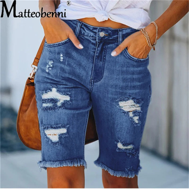 Calça jeans rasgada feminina com borla, calça elástica alta, cintura média, cinco pontos, buraco fino, shorts casuais femininos, verão, rua