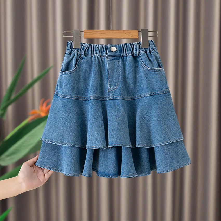 Saia curta jeans feminina com plissado, saia casual infantil, moda verão, combina com tudo, 4 a 12 anos, para crianças em escolas adolescentes, em camadas