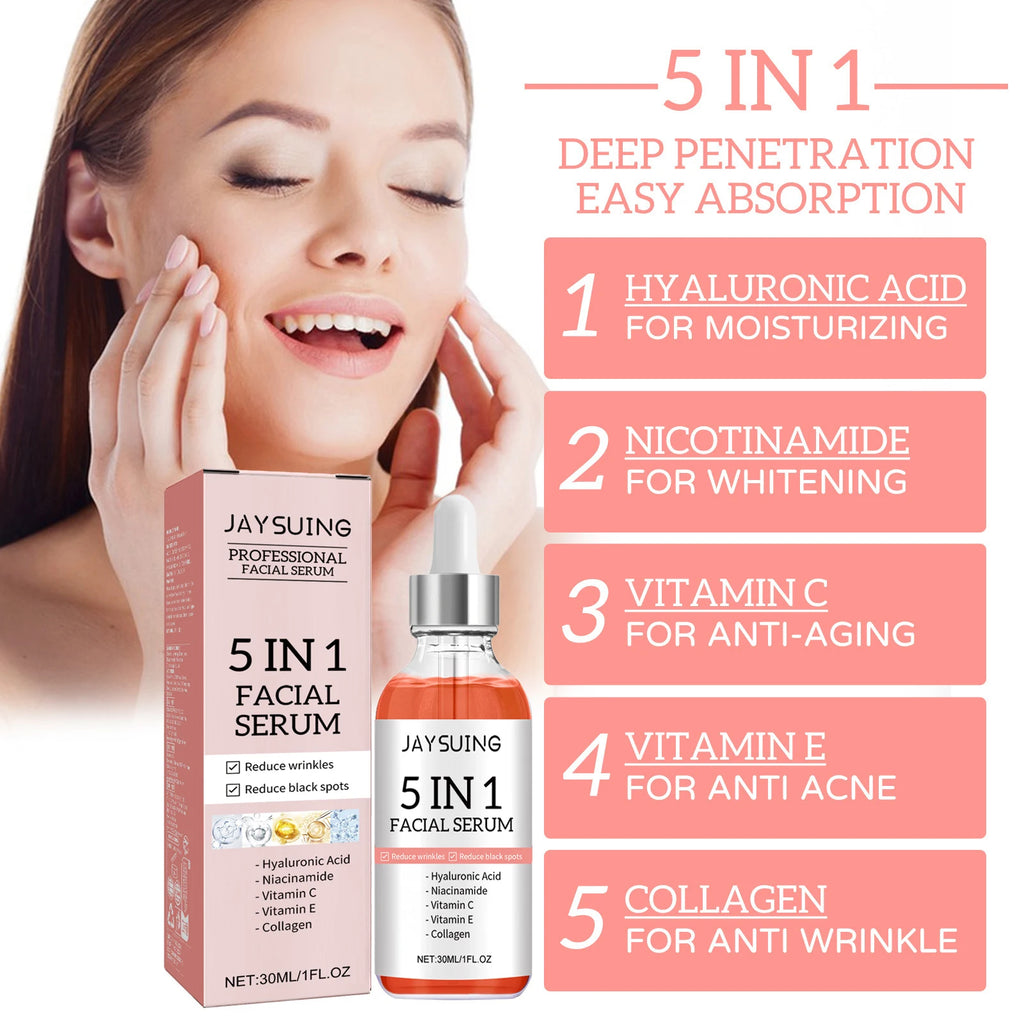 Sérum Facial 5 em 1 para Redução de Linhas Finas, Firmador, Redutor de Manchas e Pigmentação, Hidratante e Firmador da Pele.